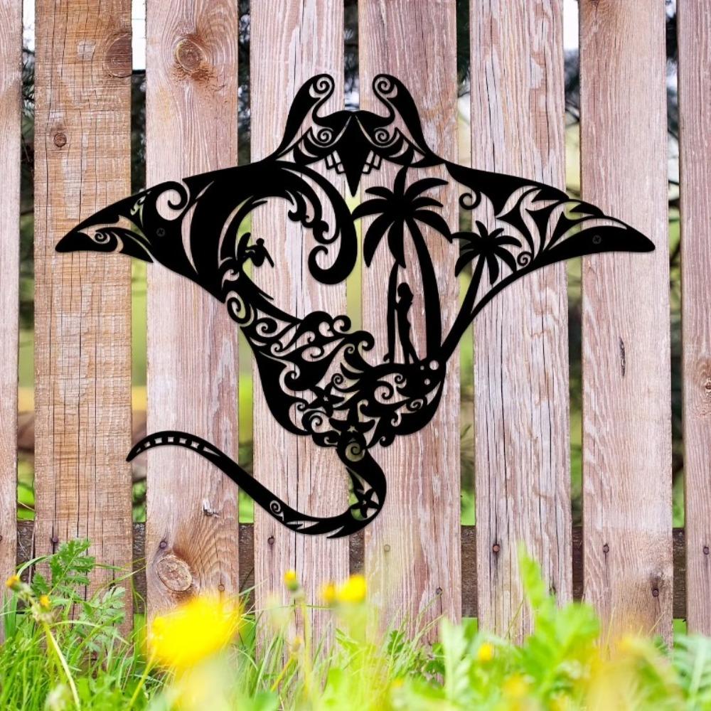 13.7 Inch Tropical Manta Ray Iron Wall Art, Metal Painting for Garden Patio Outdoor Decor, Island Style Seaside Retreat