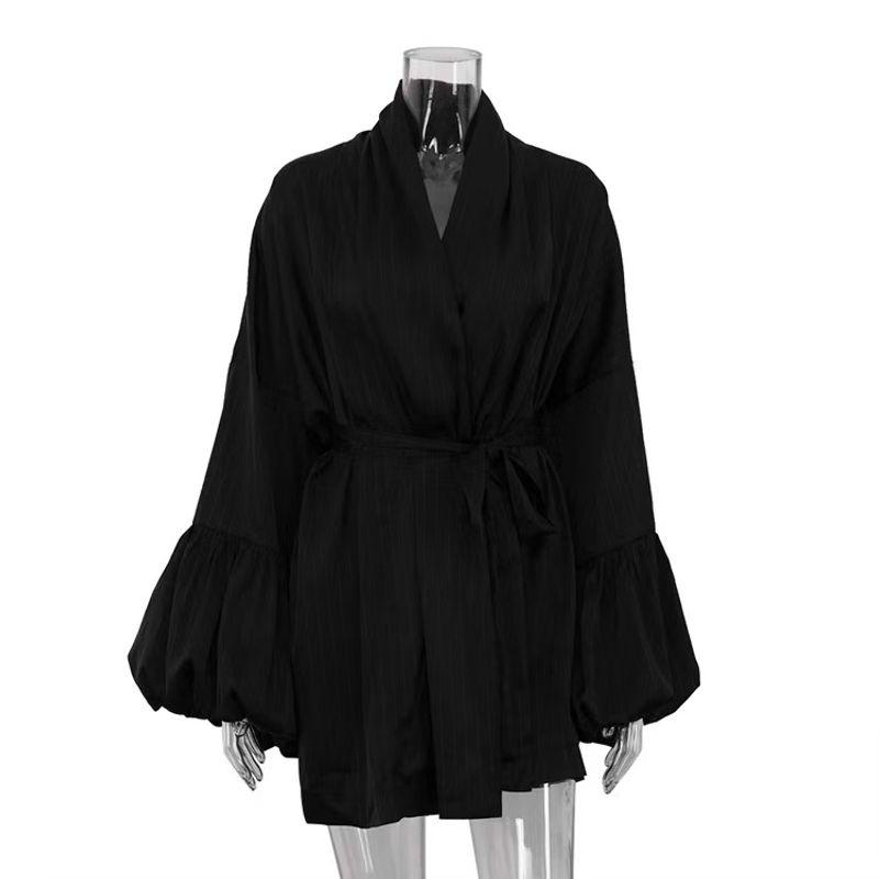 

Fashion Style Stripes Loose Casual Dress V-neck Puff Sleeve Shoelace Satin A- Line Skirt Striped Dress Black S