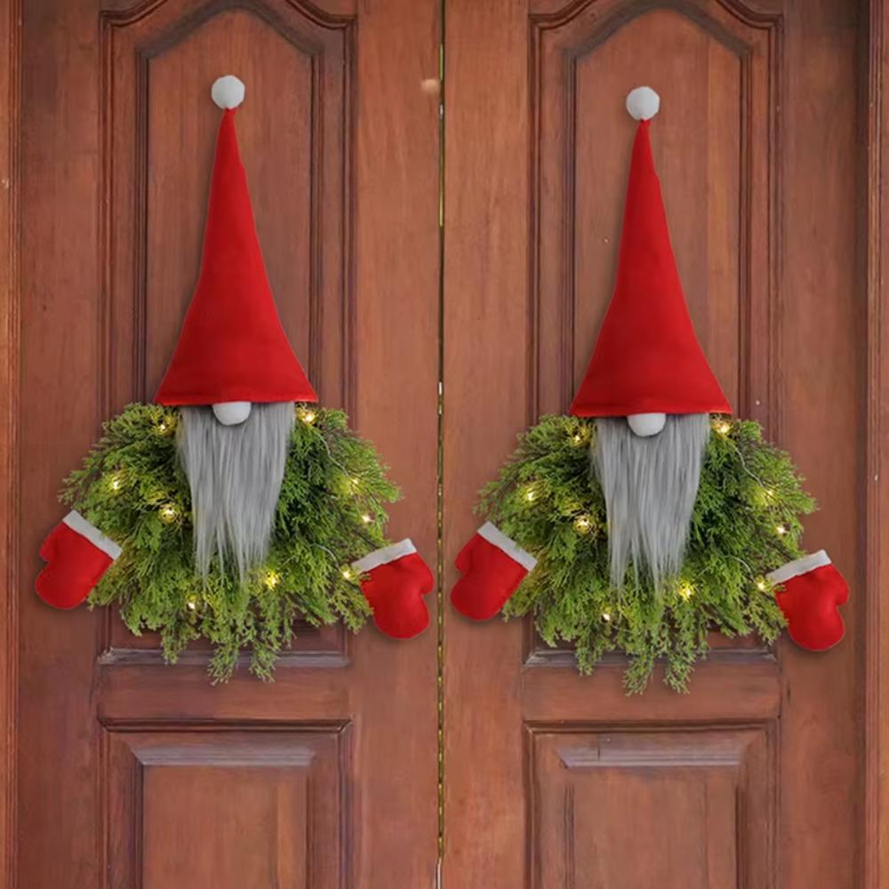 Artificial Branches Glowing Gnome Wreath Long Hat Faceless Doll Hanging Ornament  Porch