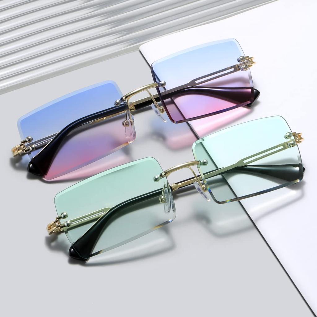 Women's Sunglasses Retro Sunglasses for Women Men Tinted Lens Metal Frame Vintage Rimless Rectangle Glasses UV400 Protection