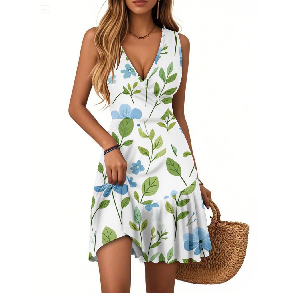 Women's Summer Dress V Neck Sleeveless Casual Floral Print Hem Pleated Dress