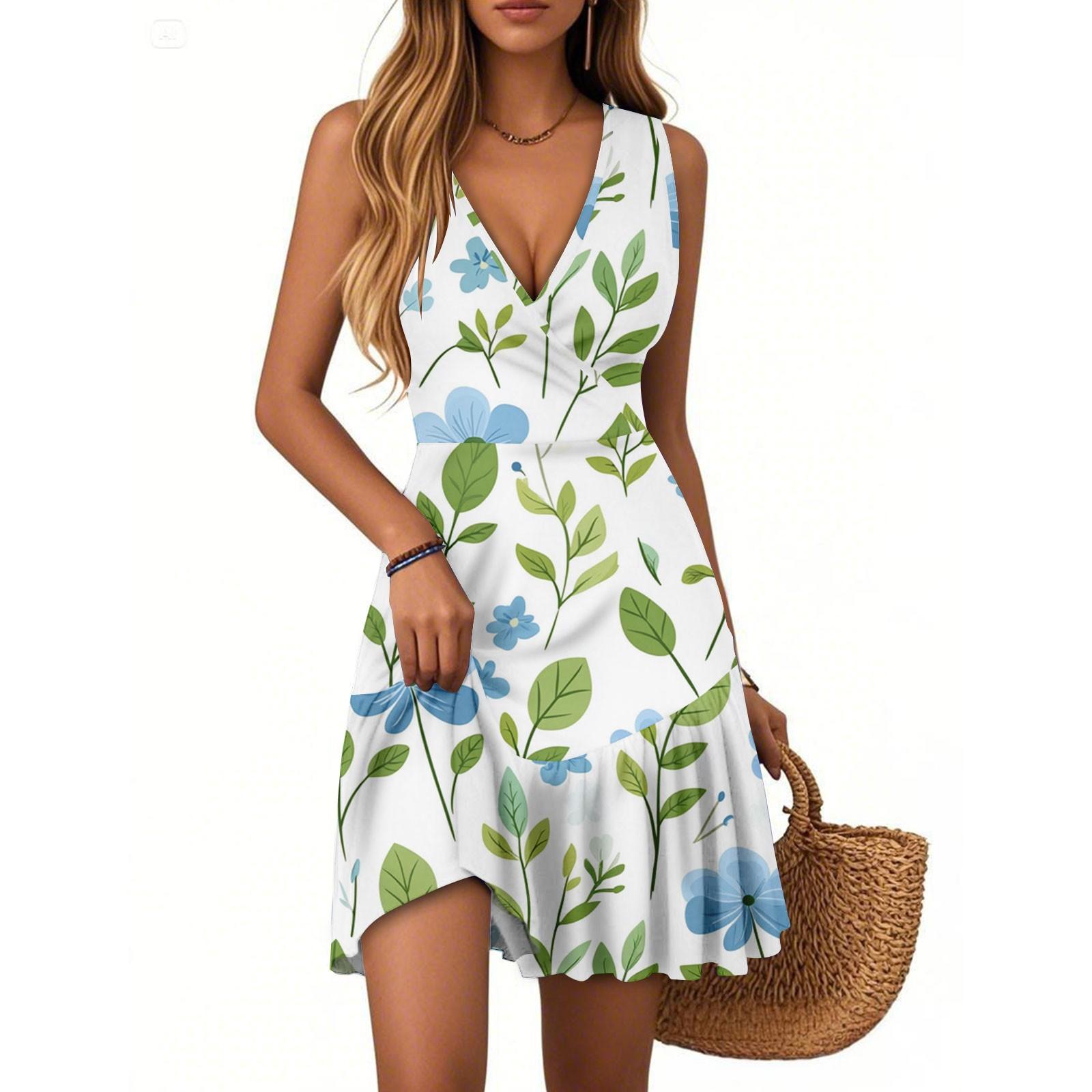 

Женское летнее платье с V-образным вырезом, без рукавов, повседневное, с цветочным принтом, с плиссированным подолом XXL