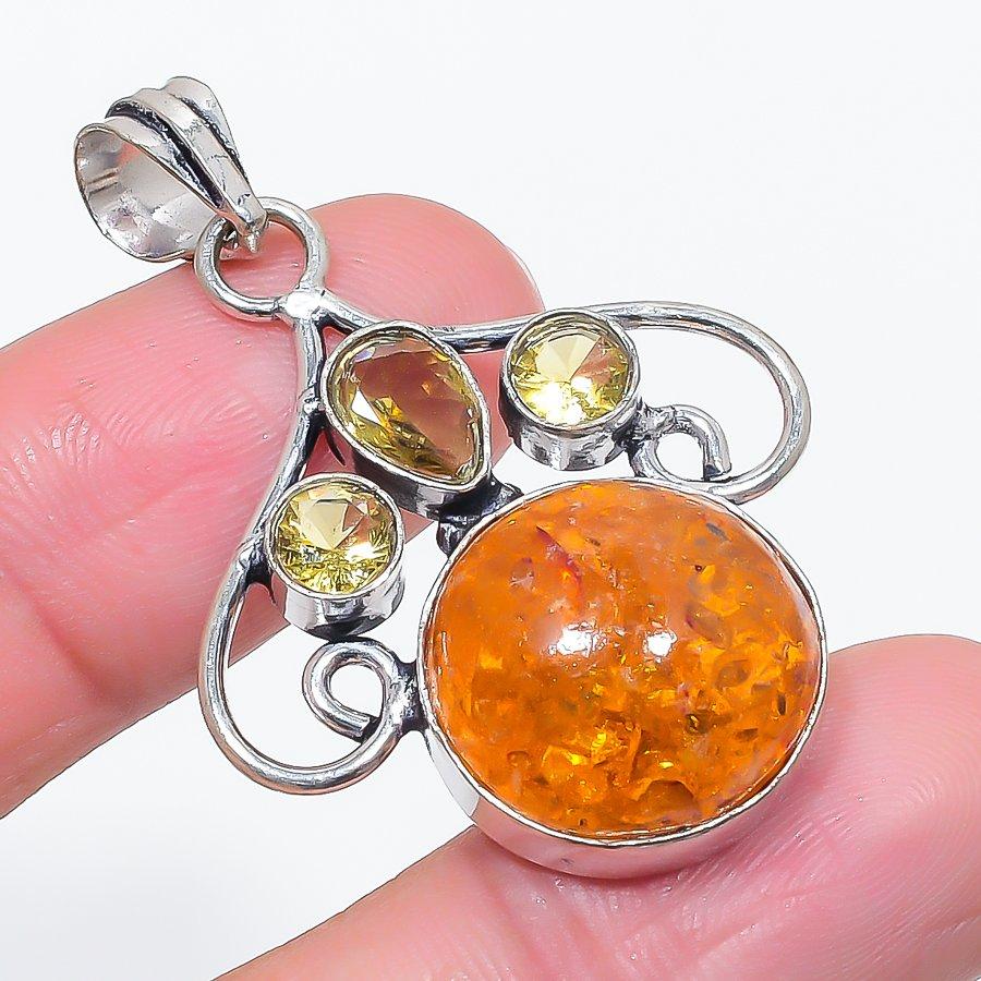 Natural Baltic Amber, Citrine 925 Sterling Silver Jewelry Pendant 1.85" d4z87