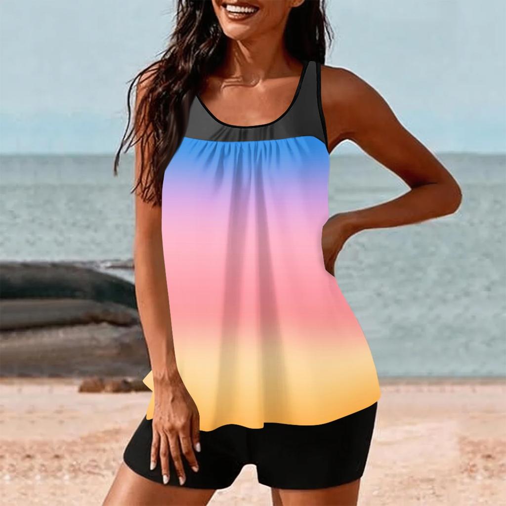 Women’s Gradient Tankini Set with Scoop Neckline and Sleeveless Top Two Piece Swimwear with Comfortable Shorts
