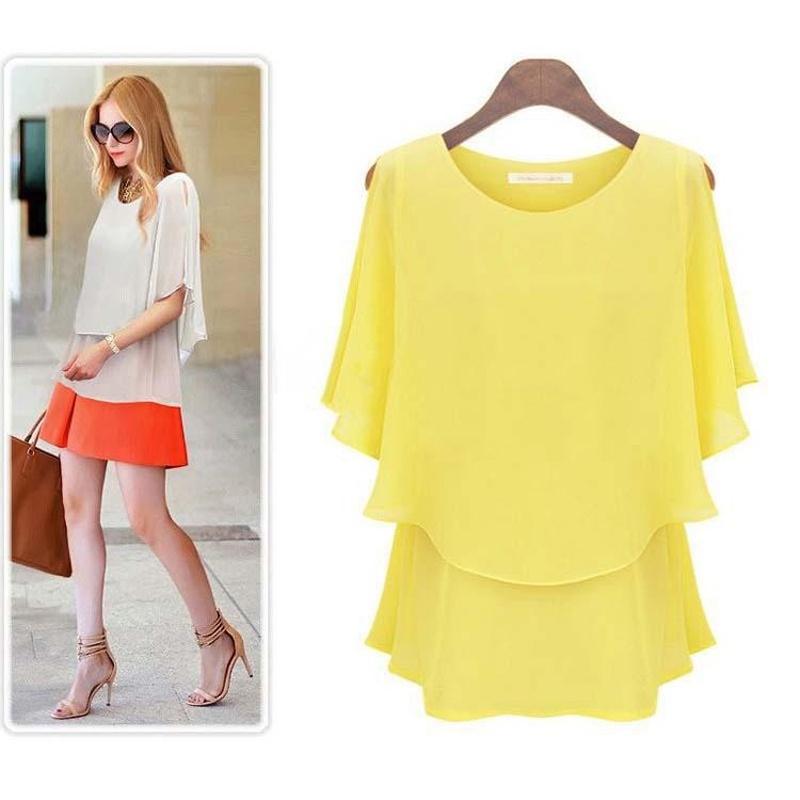 New Arrival Latest Women Chiffon Summer Plus Size Lotus Sleeve Double Shirt Sundress Elegant Casual Wear
