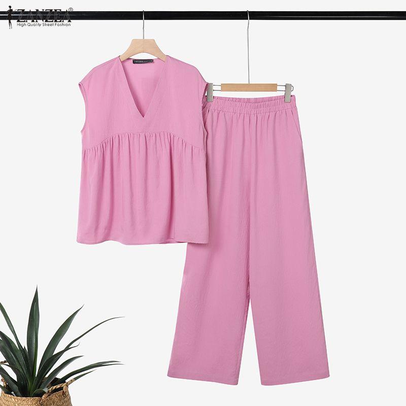 ZANZEA Women Sleeveless Blouse and Pants Casual Two Piece Suit Sets