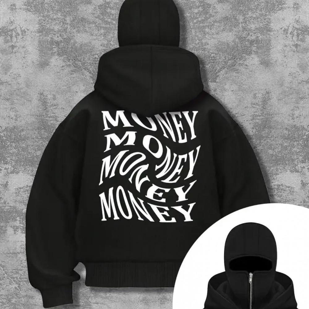 

Men s Black Full Zip Hoodie with Wake Up and Find Money Print - Double-layer Hooded Street Style Sports Jacket XXL