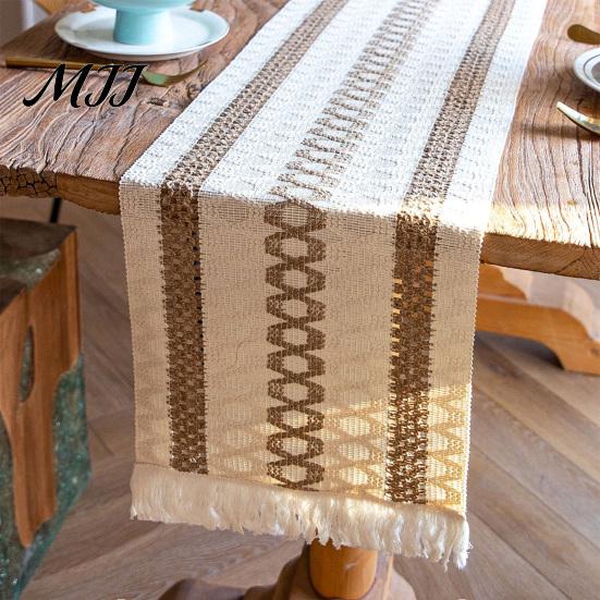 Holiday Table Decorations for Christmas Boho Runner with Tassels, Cotton Linen Rustic Runner, Striped Linens Tassels Farmhouse Home Party Bridal