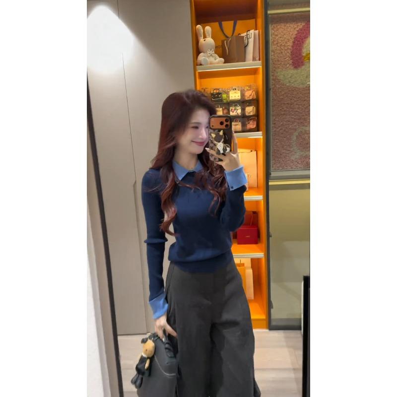 High-end Contrasting Color Collar Lapel Knitted Sweater Autumn and Winter Top Slim Shoulder Inner Long-sleeved Women's Soft Waxy Sweater
