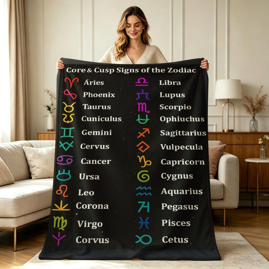Soft Warm Flannel Fleece Blanket with Astrology Core And Cusp Zodiac Sign Print All Season Blanket for Sofa Couch Living Room Bedroom Office Home Deco