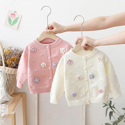 New Girls' Sweater Cardigan Spring and Autumn Baby Children's Outer Knitted Wool Top Baby Flower Coat