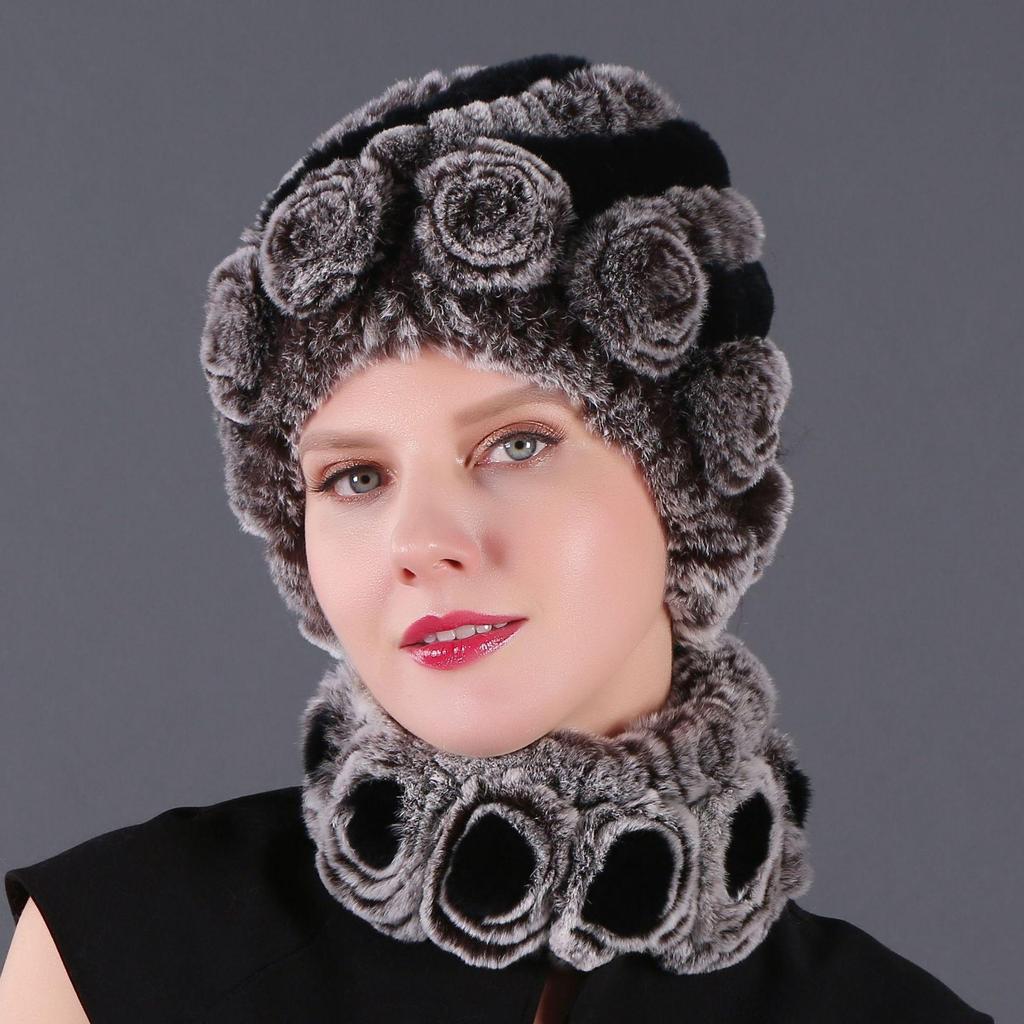 Wholesale New High-quality Rex Rabbit Fur Accessories Autumn and Winter Women's Versatile Warm Hat Scarf Two-piece Set