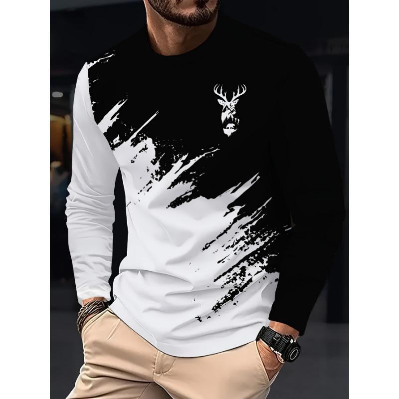 Men'S Casual Deer Head Print | Digital 3D Print Black and White Contrasting Shirt - Breathable Long Sleeved Top, Round Neck