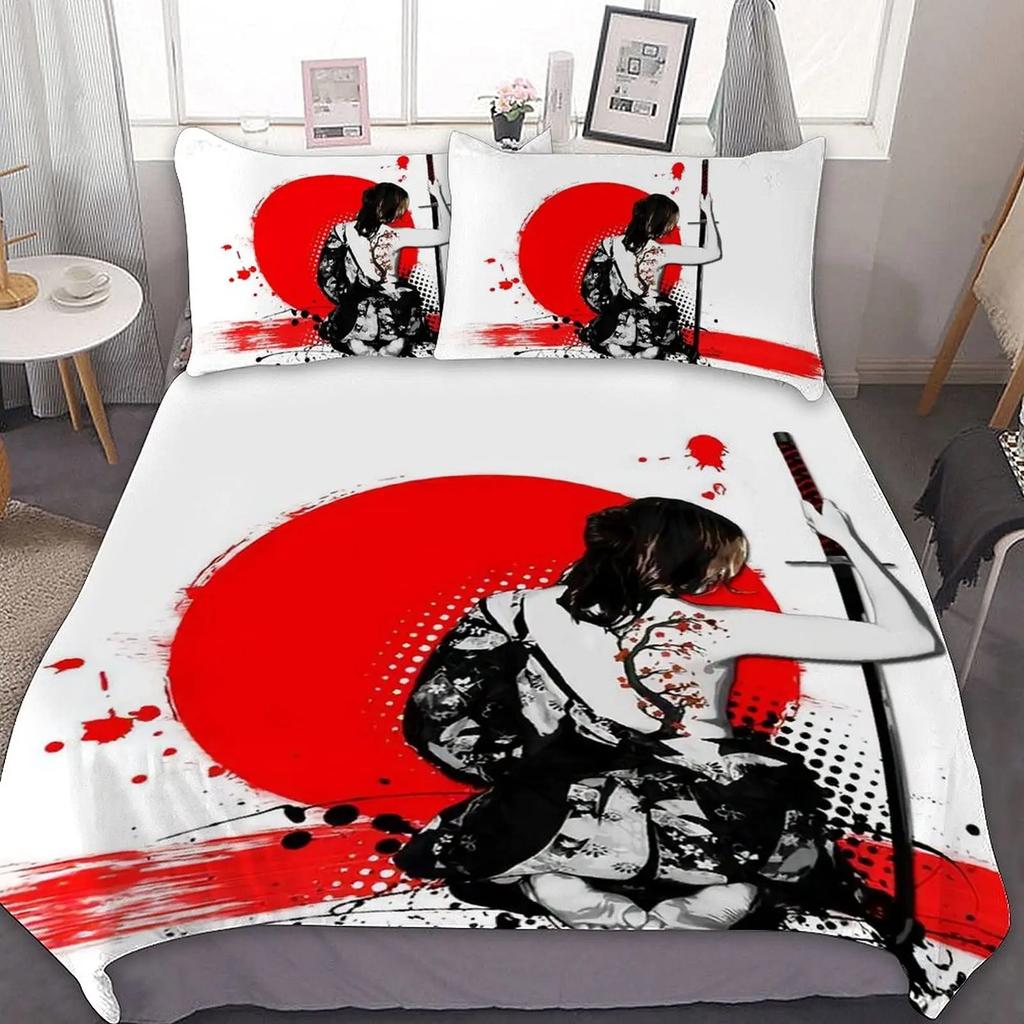 Japanese Samurai Bedding Set, Japan Sunset Landscape Building Silhouette Duvet Cover For Men Teens, Black Red
