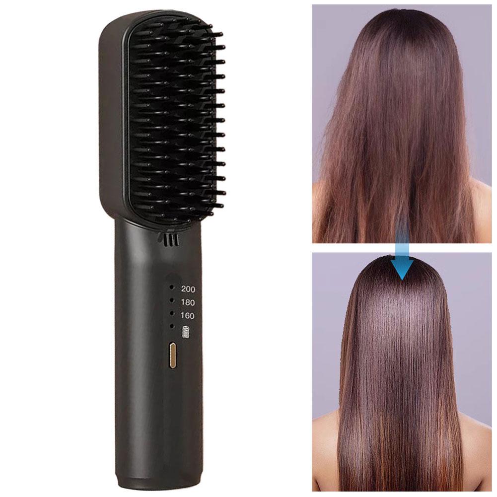 Cordless Hair Straightener Brush Anti-Scald Electric Hot Comb 3 Temp Settings Portable Straightening Brush for Travel & Home