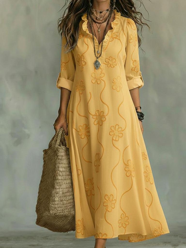Women Floral Print V Neck Ruffle Sleeve Maxi Dress Bohemian Loose Fit Summer Dress