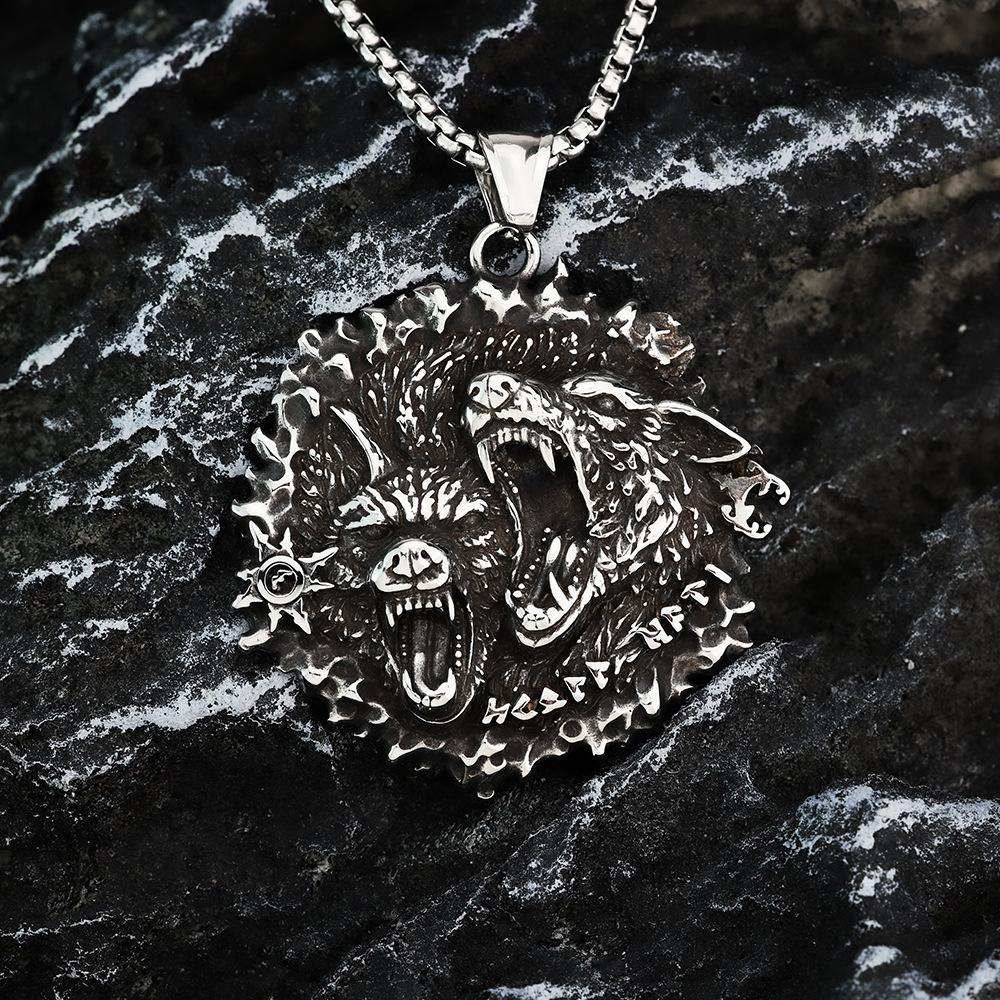 Vintage Viking Style Double Wolf Celtic Knot Stainless Steel Mens Necklace Pendant