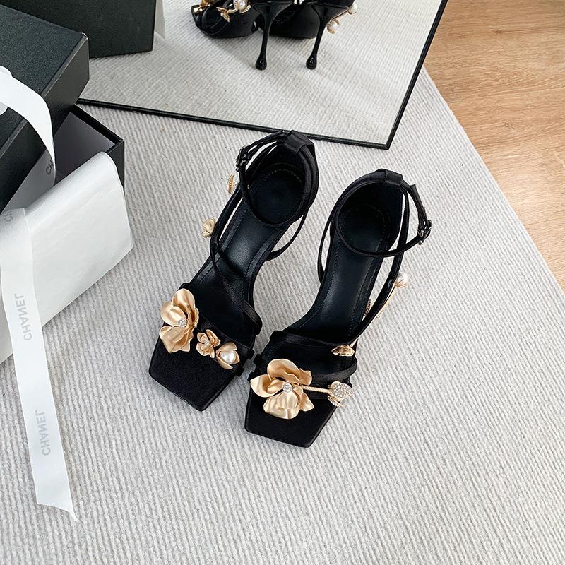 - In stock! Early spring black gold orchid with square head stiletto sandals, high sense