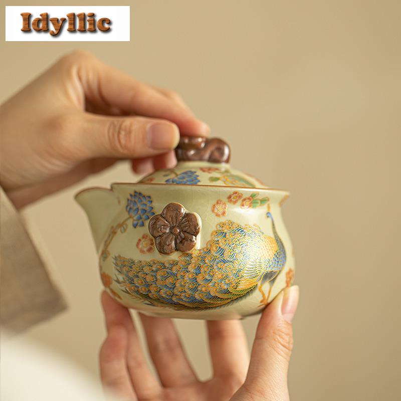 200ml Ru Kiln Flowers and Birds Hand Grab Teapot Elegant Tea Infuser Pot Tea Maker Kettle with Strainer Drinkware Collection