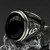 Vintage Big Black Glass Stone Wide Band Ring for Women Men Stainless Steel Silver Color Pattern Finger Rings Jewelry Gift