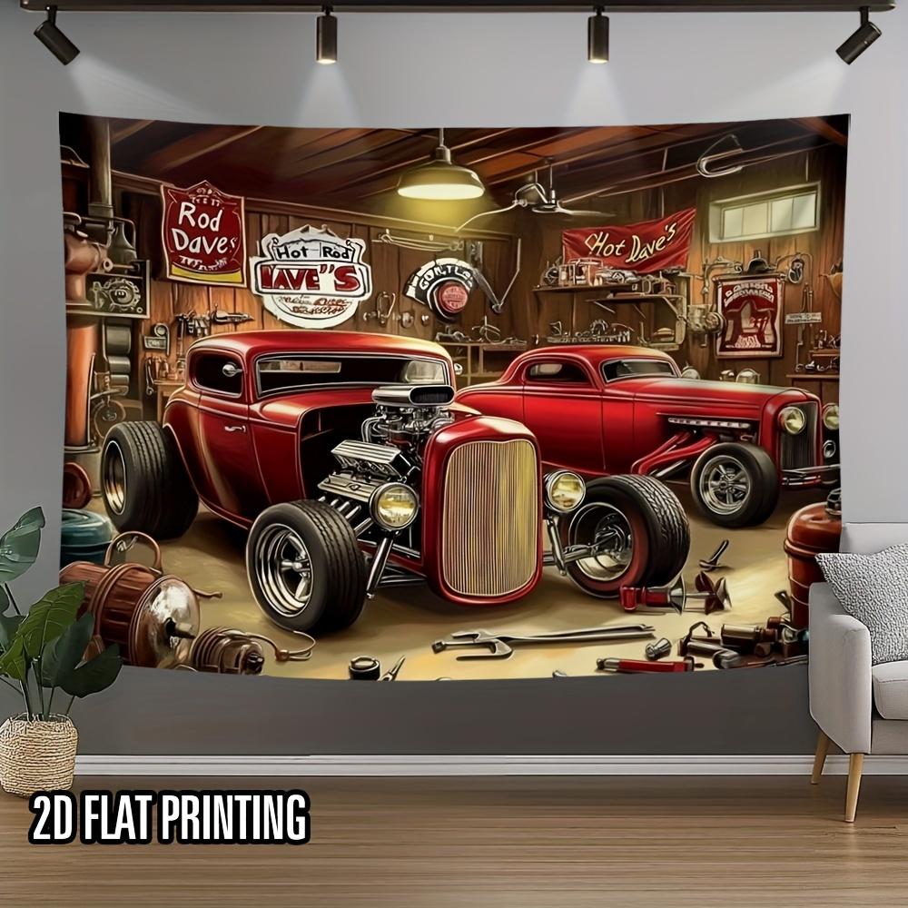 Vintage Hot Rod Garage Wandteppich, Retro 1940er Klassisches Auto Wandkunst für Man Cave und Auto-Themen-Partydekoration, Ideales Geschenk 70X100cm