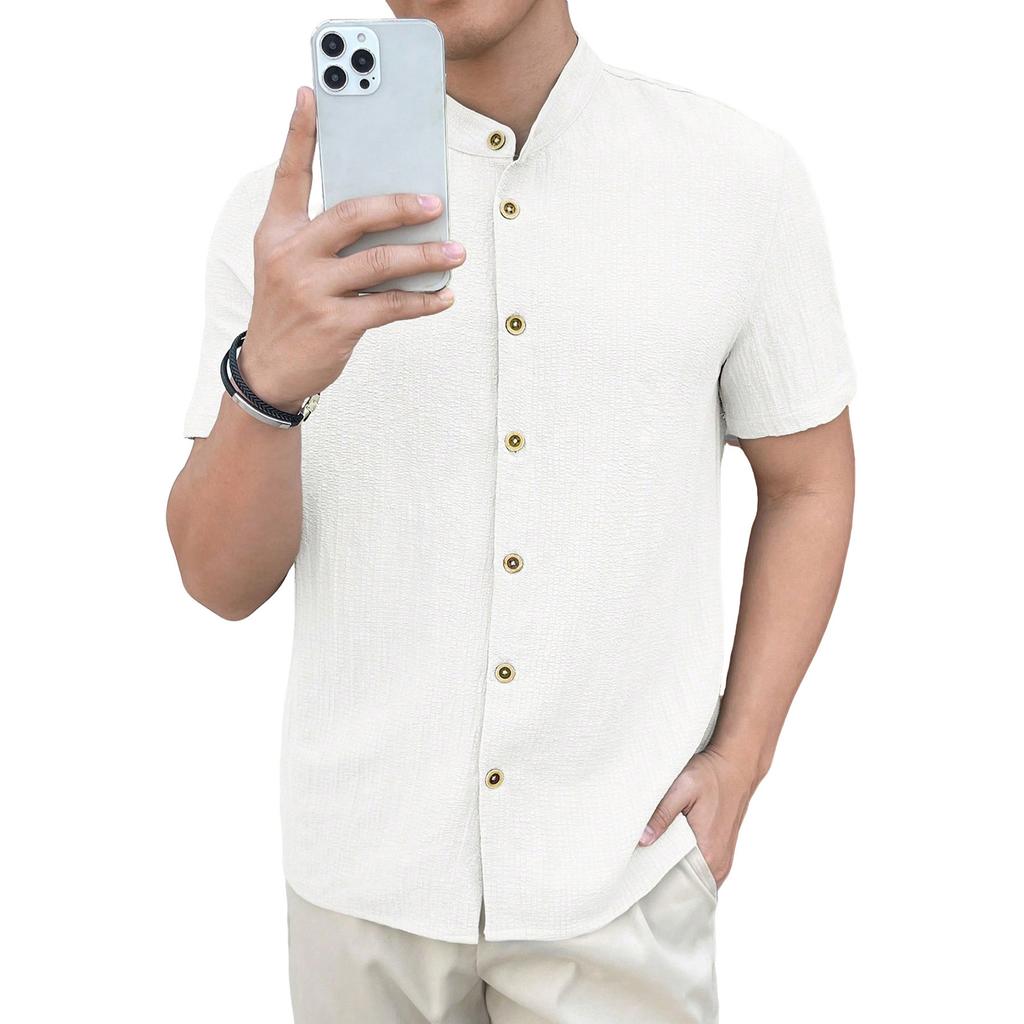 Men's Stand Up Collar Shirt Short Sleeved Top Men's Casual T-shirt Cardigan Top