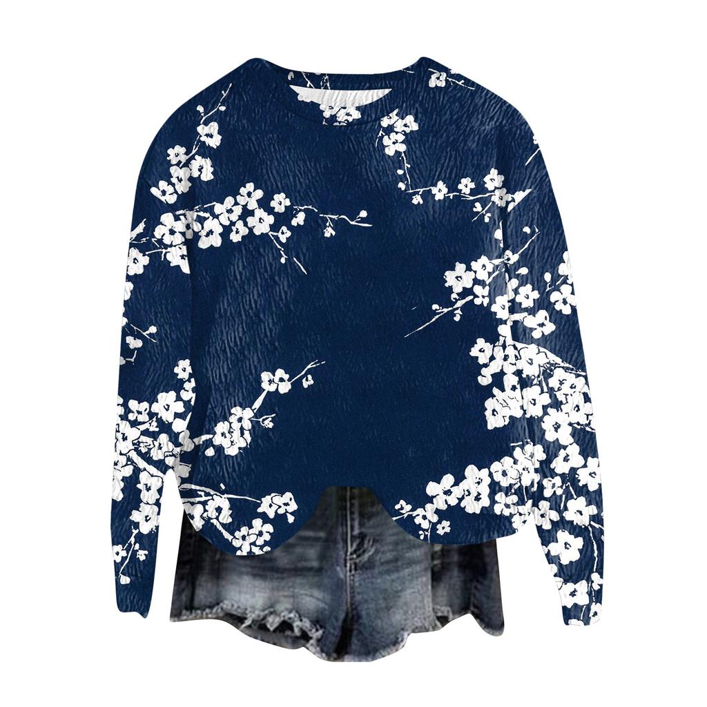 Women's Fashion Round Neck Pullover Top Long Sleeve Tee Printed Sweatshirt