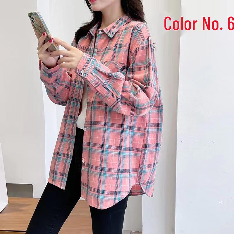 Women's Long Sleeve Plaid Shirt - Korean Style Loose Cotton, Mid-Length, Brushed Retro Jacket, Plus Size for Spring and Autumn.
