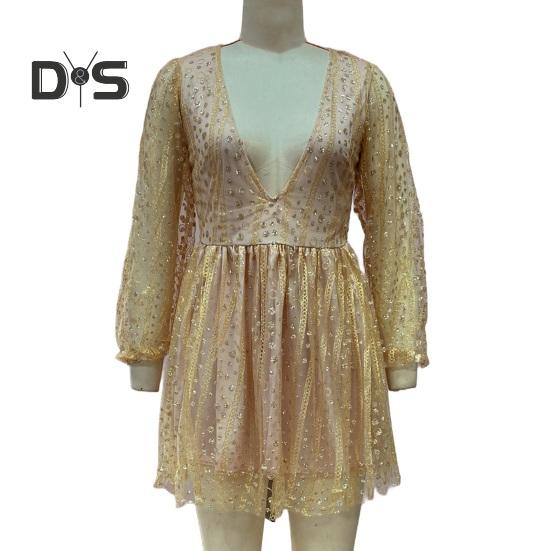 Robe de soirée col en V profond paillettes maille transparente robe trapèze mini manches longues lanterne robe de soirée cocktail courte