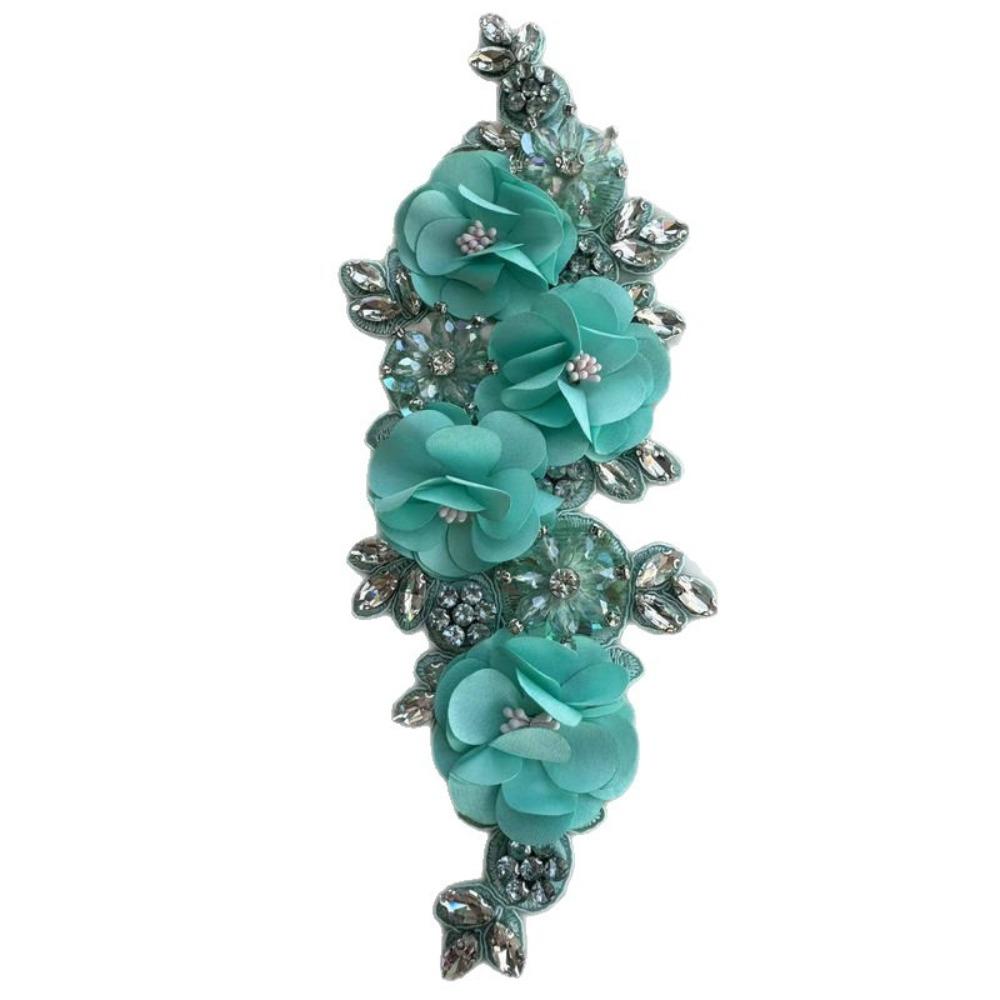 

3D Crystal Bead Lace Applique Sparkling Glass Bead Rope Embroidery Patch Party Gown циан