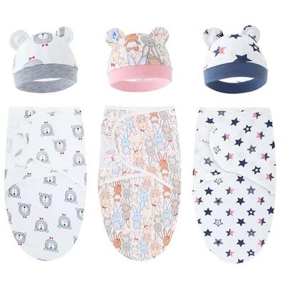 0–12 Monate Neugeborenes Pucktuch, Cartoon-bedrucktes Baumwoll-Babydecken-Mützen-Set, verstellbar, für alle Jahreszeiten