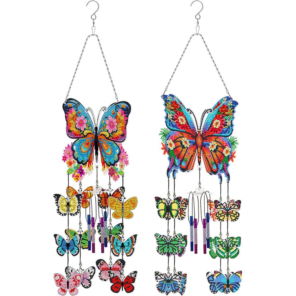Double Sided Flower Butterflies Hanging Crystal Chime Ornament DIY Rhinestones Wind Chime Kit for Home Garden Window