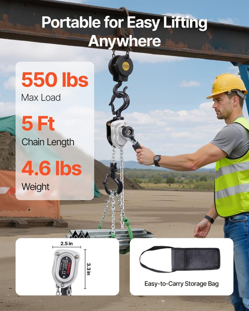 Manual Lever Chain Hoist, 1/4T 250KG Capacity Heavy Duty Come Along, 1.5M Lift G80 Alloy Steel Chain With Dual Pawl Mechanical Brake, 360° Rotating