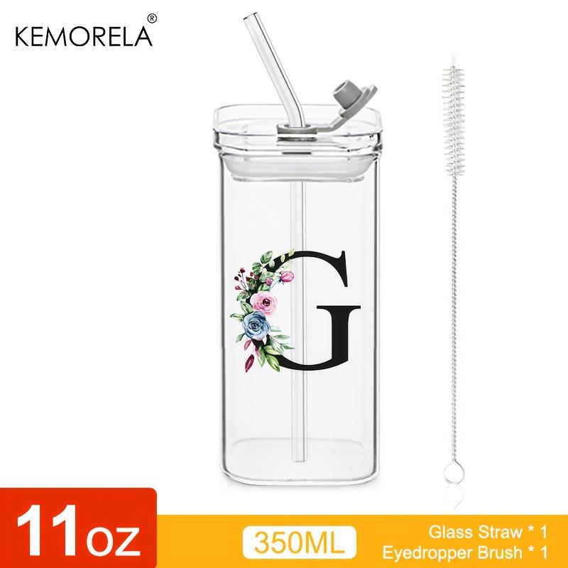 1 STÜCK 24 Buchstabenförmige Glastrinkbecher mit Deckel und Strohhalm Kaffeebecher 300ML Klarer quadratischer Trinkbecher für Kaffee Bier Milch