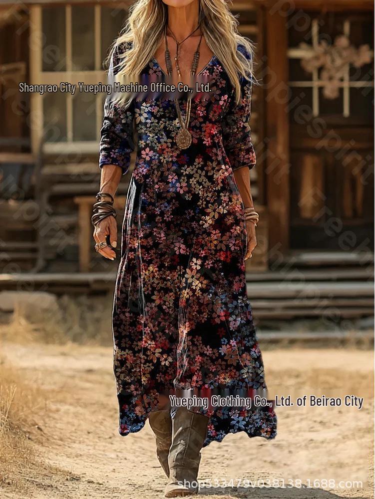 European-American Retro Floral Print Long Sleeve Dress 5XL