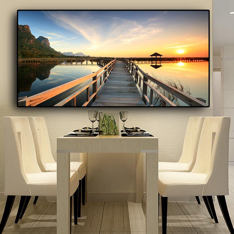 Sunsets Bridge Wooden Lake Landscape Posters and Prints Canvas Painting Cuadros Scandinavian Wall Art Picture for Living Room