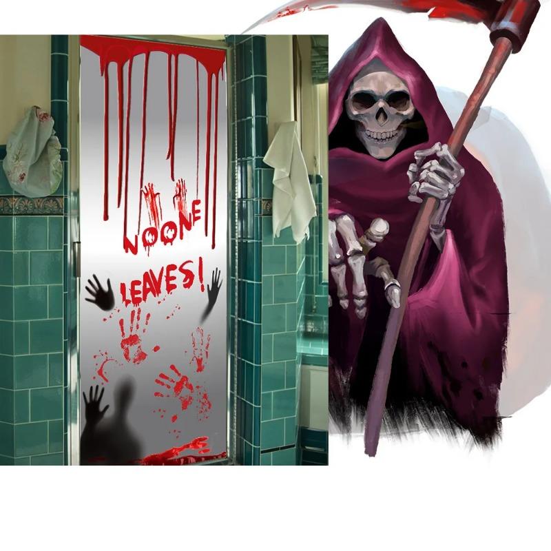 Halloween Blood Fingerprint Door Stickers Ghost Festival Decoration Haunted House Shopping Mall Door Set Bathroom