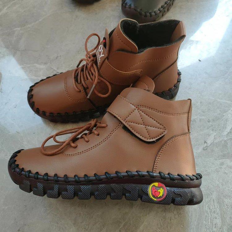 2025 Winter New Velvet Thickened Foreign Trade Large Size Velcro Short Cotton Shoes Hand-stitched Thick Heel Women