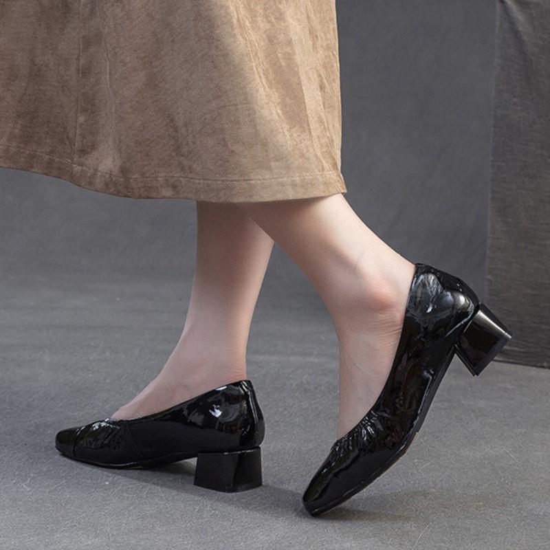 Johnature Square Toe Office Lady Pumps Genuine Leather Fashion Thick Heeled Slip-on Women's Shoes