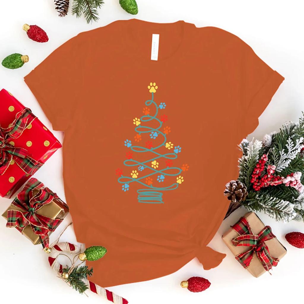 Christmas Dog Print Tree Print T Shirt Short Sleeve O Neck Loose Women Summer Cool Tshirt Ladies Tee Shirt Tops Clothes