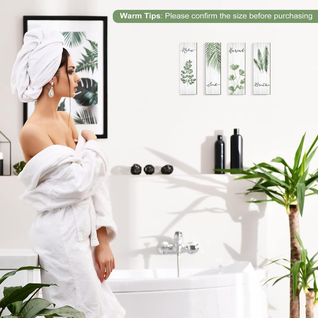 Yookeer Bathroom Wall Decor 4 Pieces Relax Soak Unwind Breathe with Boho Leaf Art Print Minimalist Sign Botanical Wooden Hanging Wall Art Decor for