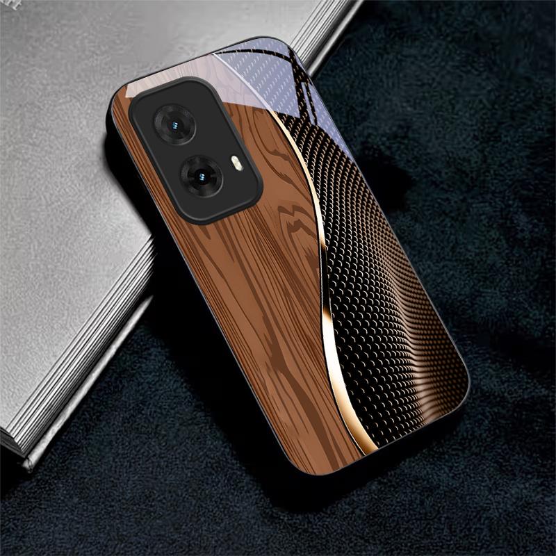 Fiber Gold Trim Black Glass Phone Case For Motorola Moto G14 G22 G24Power G24 G34 G35 G45 G54 G55 G75 G84 G85 Hard Black Cover