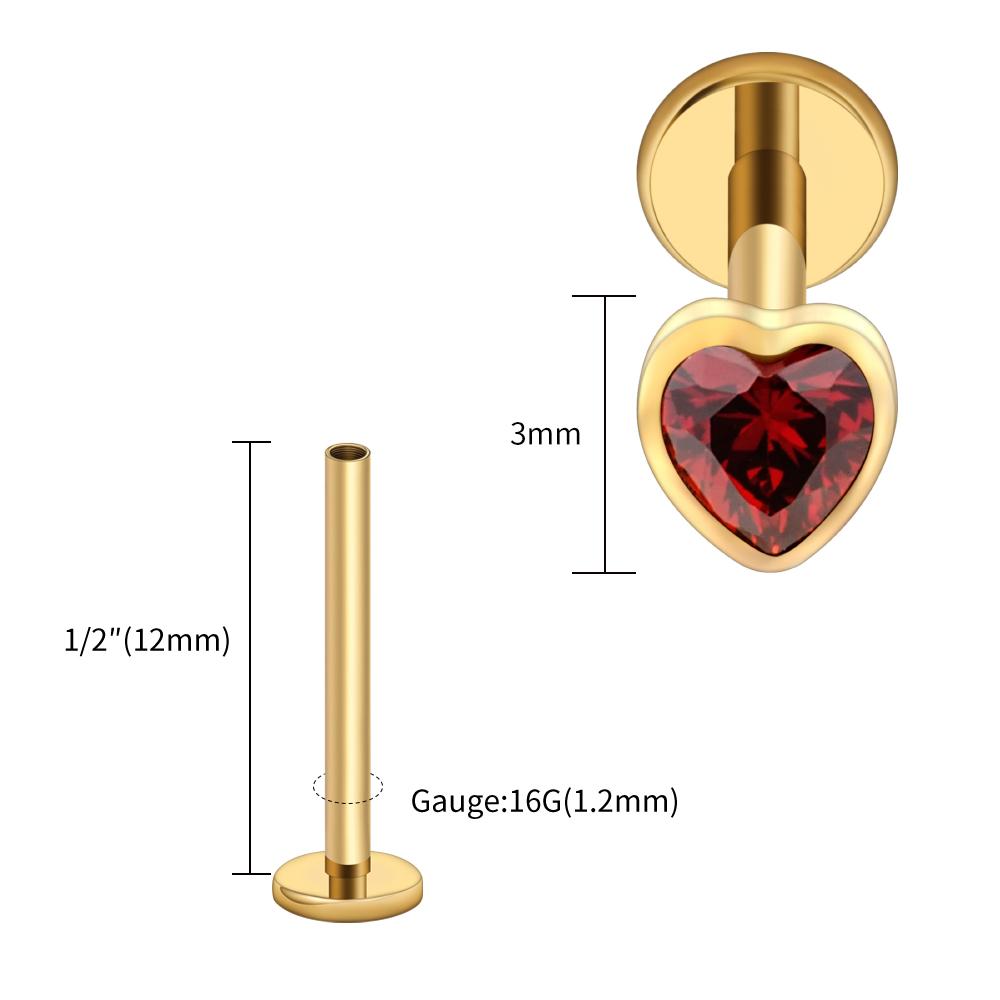 Right Grand ASTM F136 Titanium Heart Shaped CZ Flat Back Labret Stud 16G Garnet Cartilage Helix Ear Piercing Halloween Jewelry