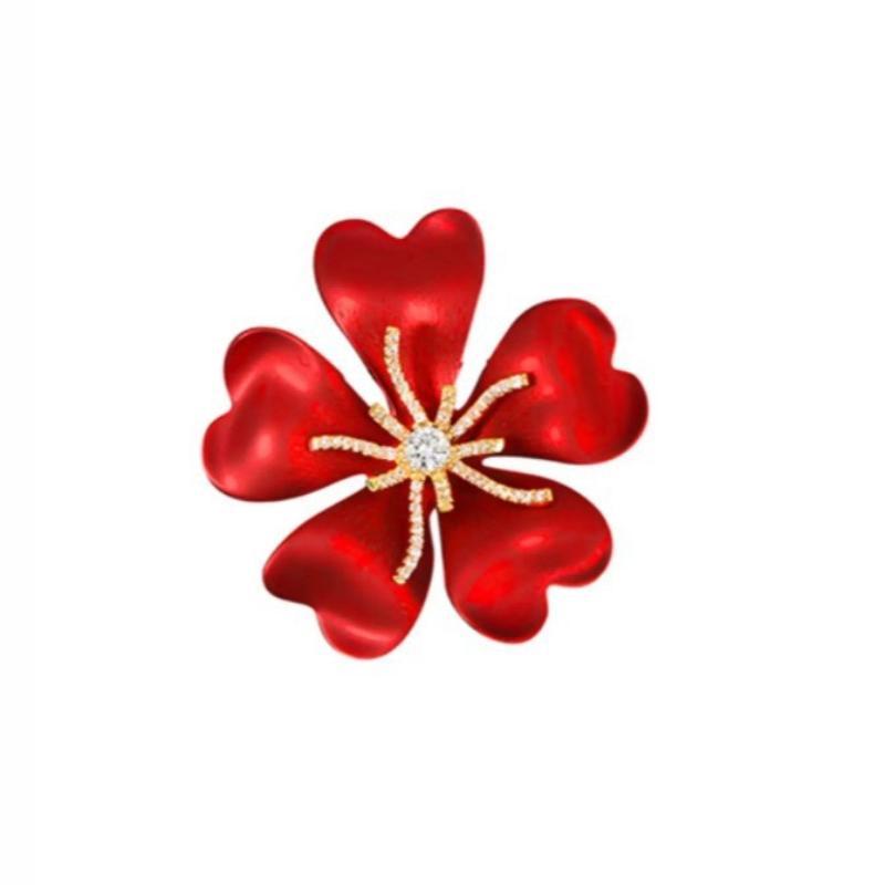 Red Heart Petal Flower Brooch Sparkling Rhinestone Center Gold Accents Perfect For Wedding Parties Office Wear