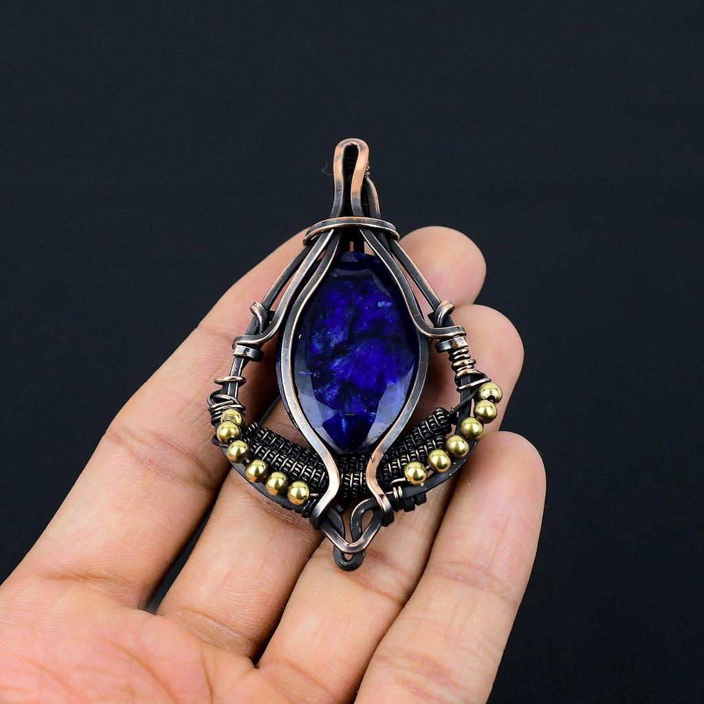 Blue Sapphire Gemstone Pure Copper Wire Wrapped Designer Handmade Pendant Jewelry For Wedding Gift