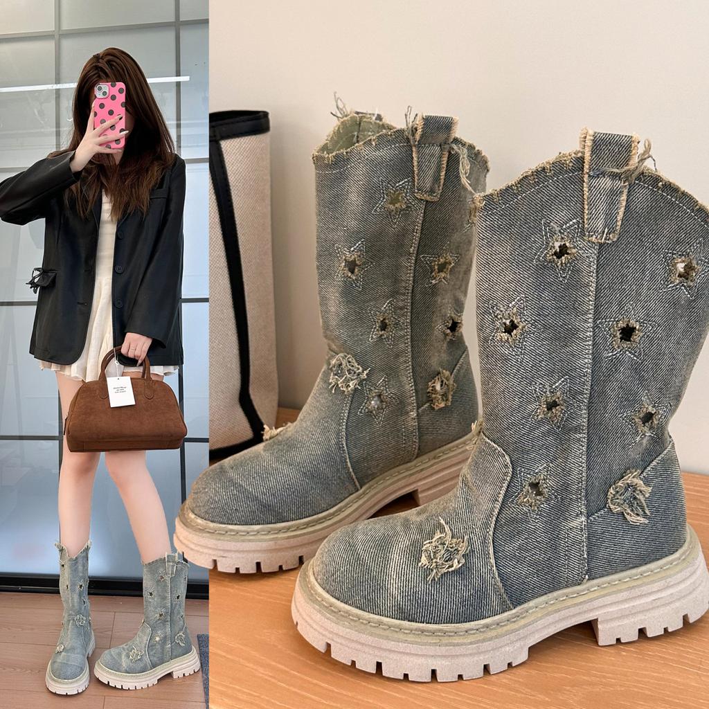Hollow women's boots autumn cowboy boots new versatile platform Martin boots western mid-outdoor short tube fashion fashion cloth