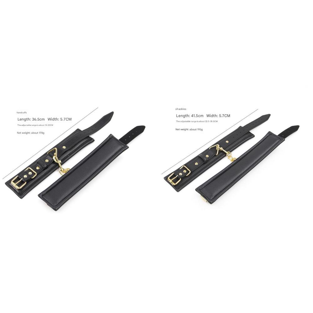 Premium Pu Leather Adjustable Padded Collar Handcuffs & Ankle Cuffs Set With Leash Connectors Black Cuffs & Shackles