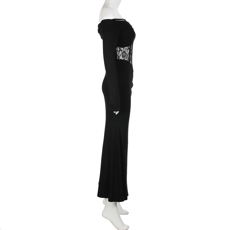 Elegant French Lace One-Shoulder Fishtail Knit Dress - Slim-Fit Waist-Cinching Long Gown for Women