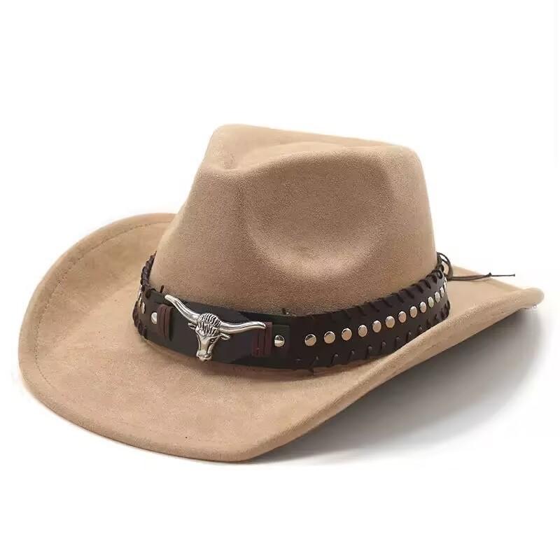 Bull Head Belt Rivet Jazz Hat Men's and Women's Spring and Autumn Outdoor Travel Sunshade Top Hat Big Edge Suede Western Cowboy Hat