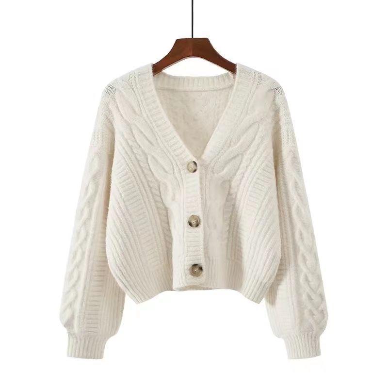 V-neck Twist Sweater Women's Loose Short Autumn and Winter Japanese Style Lazy Cardigan Top for Small People